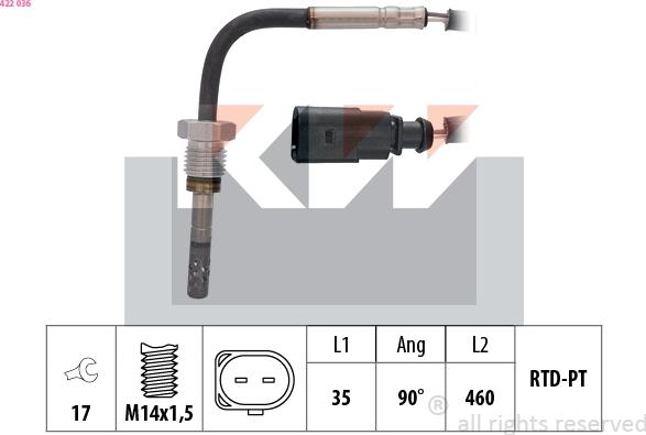 KW 422 036 - Датчик, температура выхлопных газов www.autospares.lv