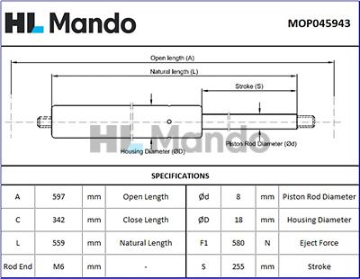 Mando MOP045943 - Gāzes atspere, Bagāžas / Kravas nodalījuma vāks www.autospares.lv