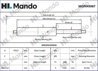 Mando MOP045967 - Gāzes atspere, Bagāžas / Kravas nodalījuma vāks www.autospares.lv