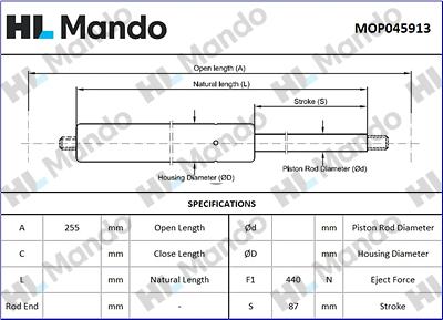 Mando MOP045913 - Gāzes atspere, Bagāžas / Kravas nodalījuma vāks www.autospares.lv