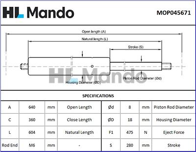 Mando MOP045671 - Gāzes atspere, Bagāžas / Kravas nodalījuma vāks www.autospares.lv