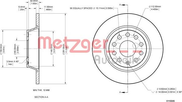 Metzger 6110046 - Тормозной диск www.autospares.lv