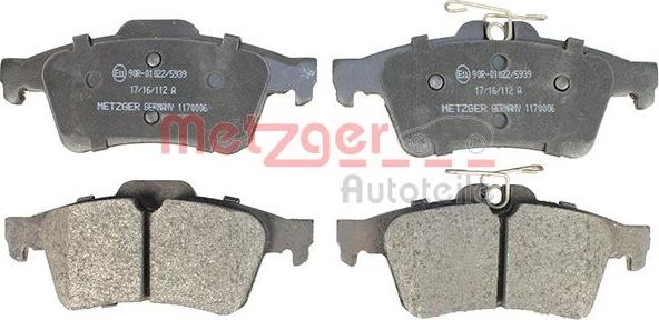 Metzger 1170006 - Тормозные колодки, дисковые, комплект www.autospares.lv