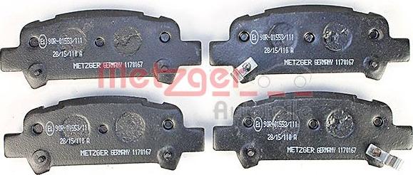 Metzger 1170167 - Brake Pad Set, disc brake www.autospares.lv