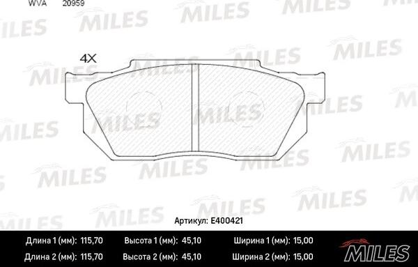 Miles E400421 - Тормозные колодки, дисковые, комплект www.autospares.lv