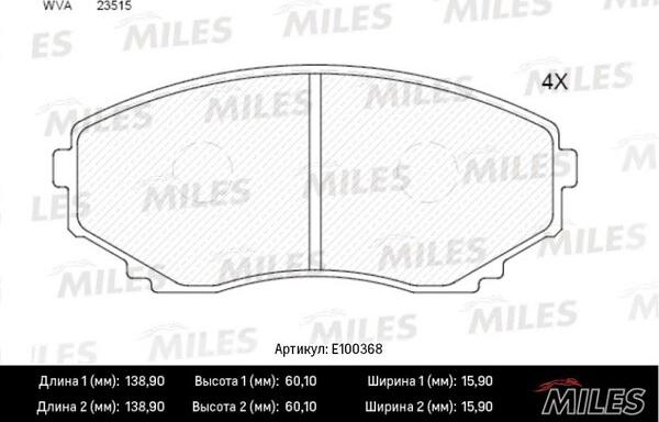 Miles E100368 - Brake Pad Set, disc brake www.autospares.lv