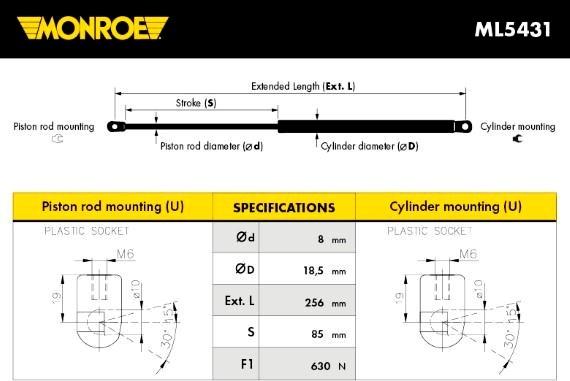 Monroe ML5431 - Gāzes atspere, Bagāžas / Kravas nodalījuma vāks www.autospares.lv