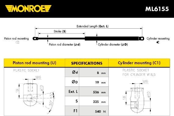 Monroe ML6155 - Gāzes atspere, Bagāžas / Kravas nodalījuma vāks www.autospares.lv