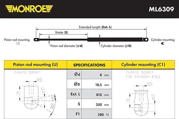 Monroe ML6309 - Gāzes atspere, Motora pārsegs www.autospares.lv