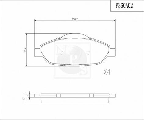 NPS P360A02 - Тормозные колодки, дисковые, комплект www.autospares.lv