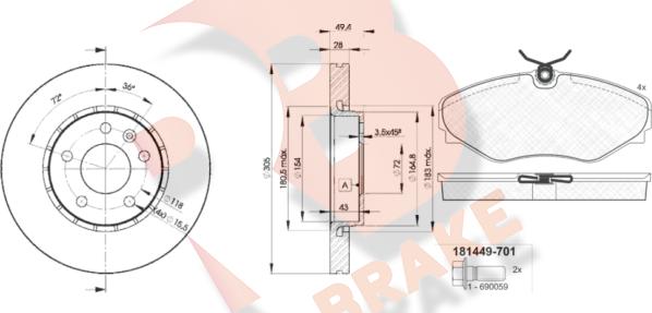 R Brake 3R14496845 - Bremžu komplekts, Disku bremzes autospares.lv