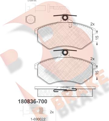 R Brake RB0836-700 - Тормозные колодки, дисковые, комплект www.autospares.lv