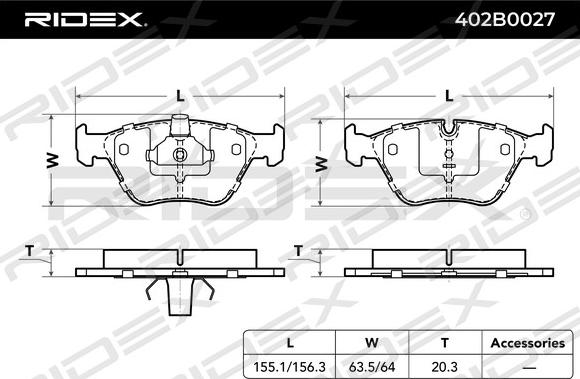 RIDEX 402B0027 - Тормозные колодки, дисковые, комплект www.autospares.lv