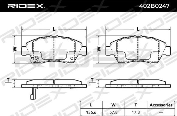 RIDEX 402B0247 - Brake Pad Set, disc brake www.autospares.lv