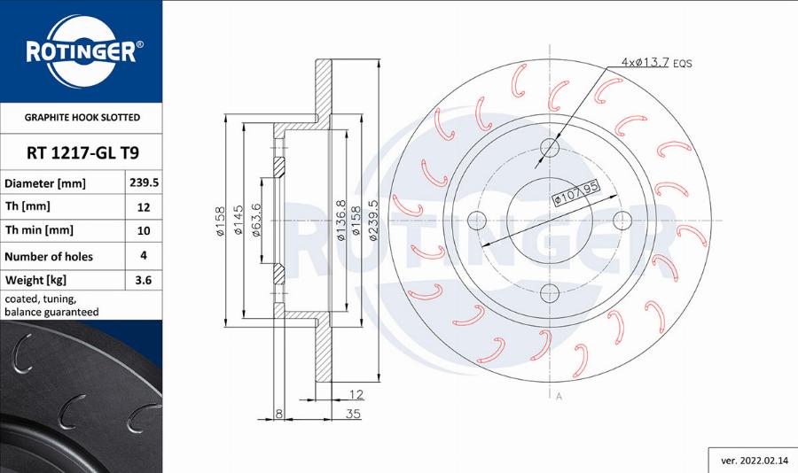 Rotinger RT 1217-GL T9 - Тормозной диск www.autospares.lv