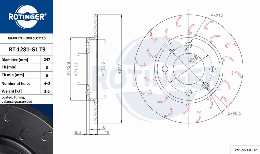 Rotinger RT 1281-GL T9 - Тормозной диск www.autospares.lv