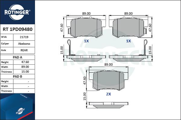 Rotinger RT 1PD09480 - Brake Pad Set, disc brake www.autospares.lv