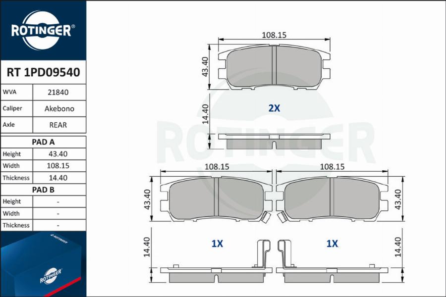 Rotinger RT 1PD09540 - Тормозные колодки, дисковые, комплект www.autospares.lv