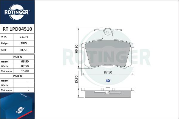 Rotinger RT 1PD04510 - Brake Pad Set, disc brake www.autospares.lv