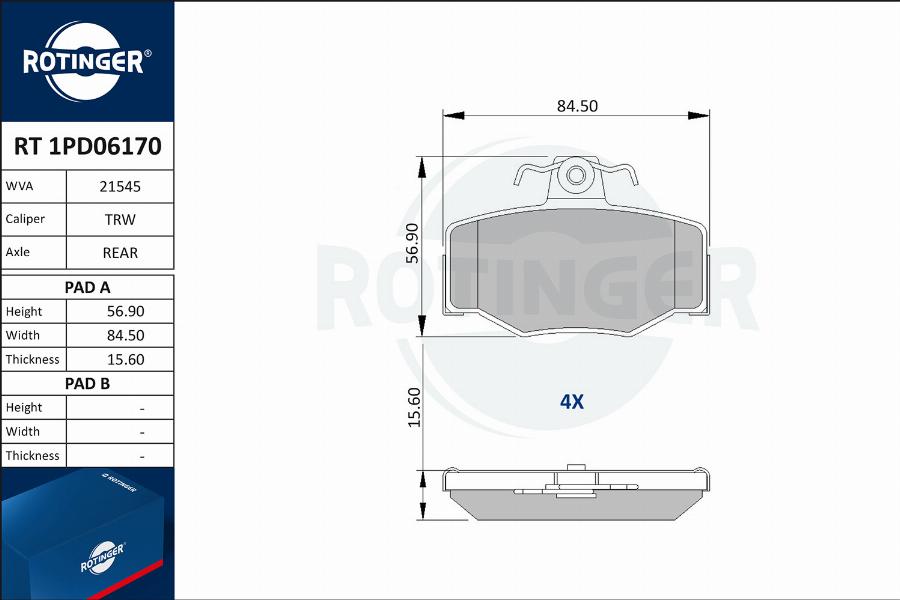 Rotinger RT 1PD06170 - Тормозные колодки, дисковые, комплект www.autospares.lv