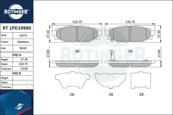 Rotinger RT 1PD19990 - Brake Pad Set, disc brake www.autospares.lv