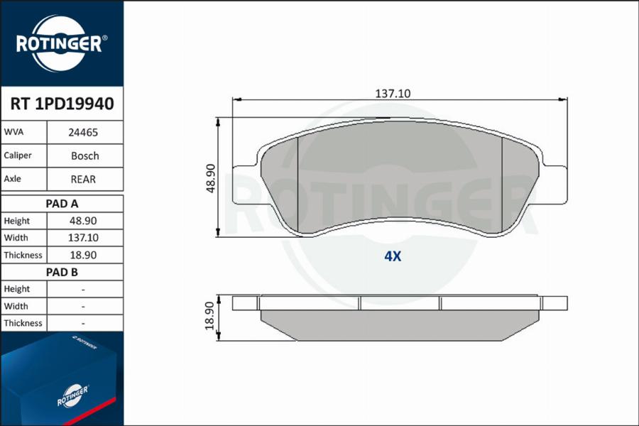 Rotinger RT 1PD19940 - Тормозные колодки, дисковые, комплект www.autospares.lv