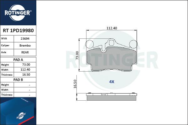 Rotinger RT 1PD19980 - Тормозные колодки, дисковые, комплект www.autospares.lv