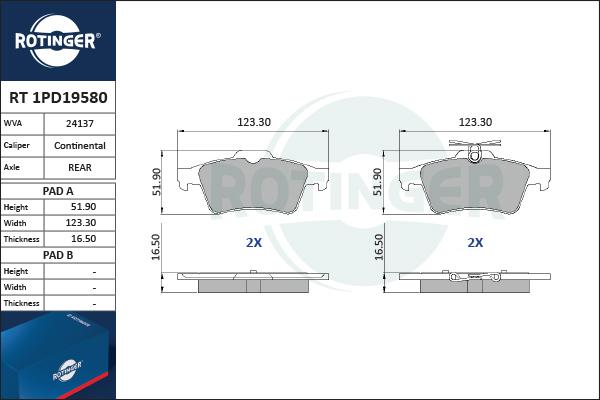 Rotinger RT 1PD19580 - Тормозные колодки, дисковые, комплект www.autospares.lv