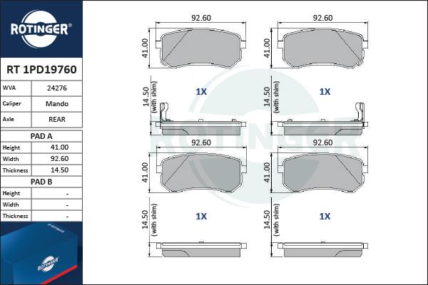 Rotinger RT 1PD19760 - Brake Pad Set, disc brake www.autospares.lv