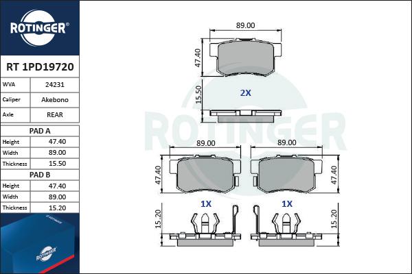 Rotinger RT 1PD19720 - Brake Pad Set, disc brake www.autospares.lv