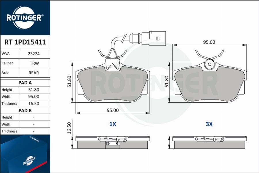 Rotinger RT 1PD15411 - Тормозные колодки, дисковые, комплект www.autospares.lv