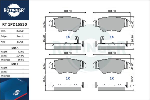 Rotinger RT 1PD15530 - Тормозные колодки, дисковые, комплект www.autospares.lv