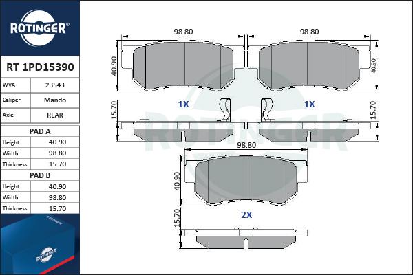 Rotinger RT 1PD15390 - Brake Pad Set, disc brake www.autospares.lv