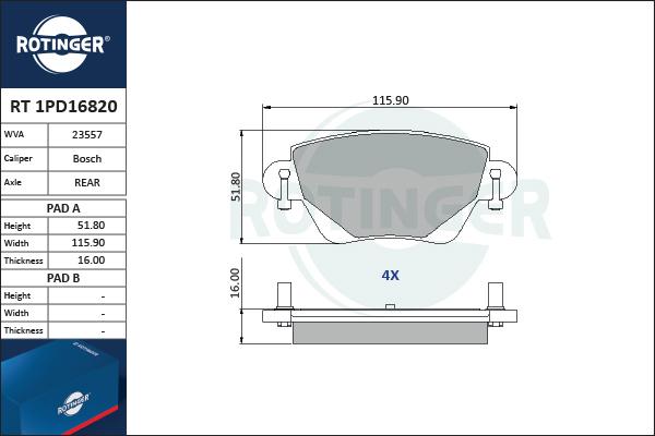 Rotinger RT 1PD16820 - Brake Pad Set, disc brake www.autospares.lv