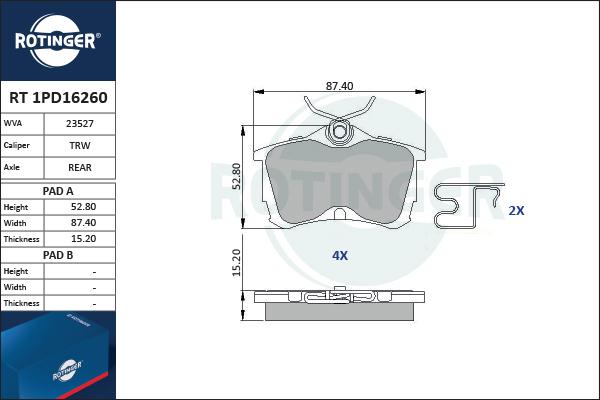 Rotinger RT 1PD16260 - Brake Pad Set, disc brake www.autospares.lv