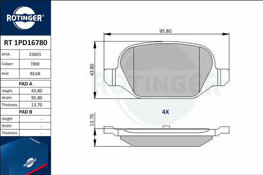 Rotinger RT 1PD16780 - Тормозные колодки, дисковые, комплект www.autospares.lv