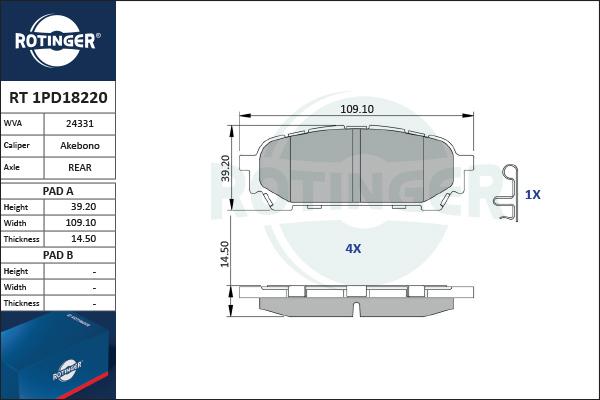 Rotinger RT 1PD18220 - Тормозные колодки, дисковые, комплект www.autospares.lv