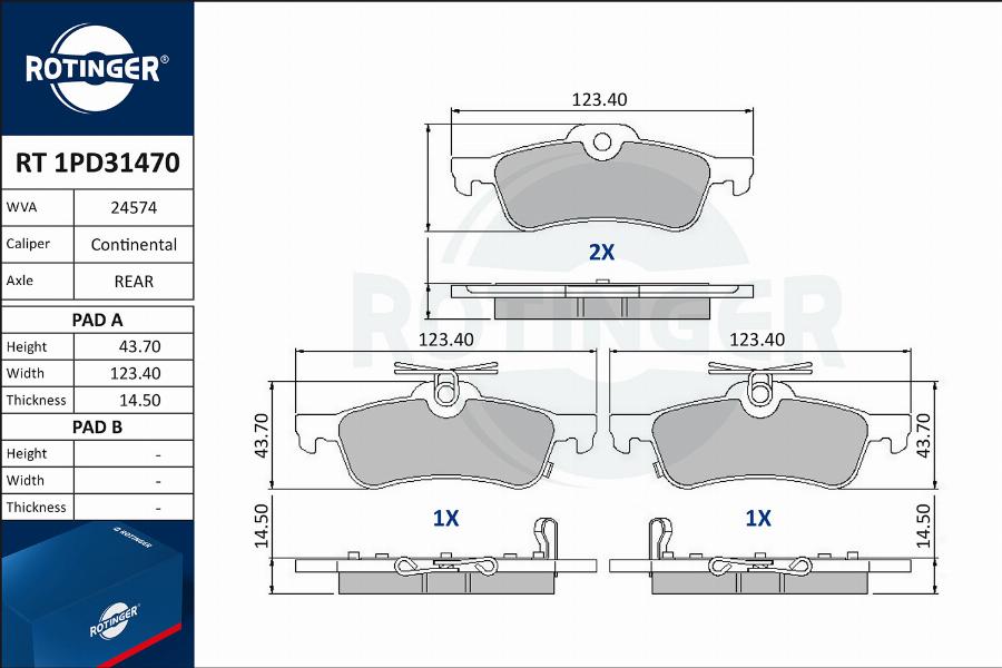 Rotinger RT 1PD31470 - Тормозные колодки, дисковые, комплект www.autospares.lv