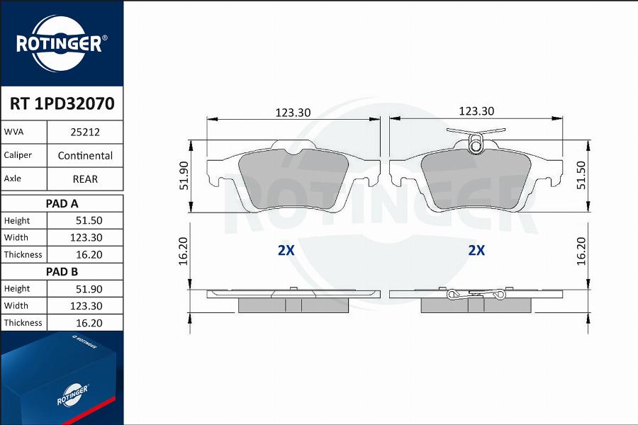 Rotinger RT 1PD32070 - Тормозные колодки, дисковые, комплект www.autospares.lv