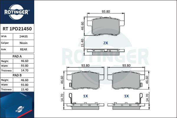 Rotinger RT 1PD21450 - Тормозные колодки, дисковые, комплект www.autospares.lv