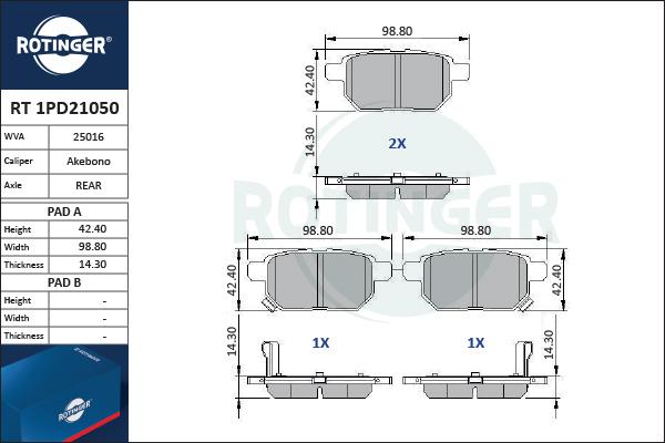 Rotinger RT 1PD21050 - Тормозные колодки, дисковые, комплект www.autospares.lv