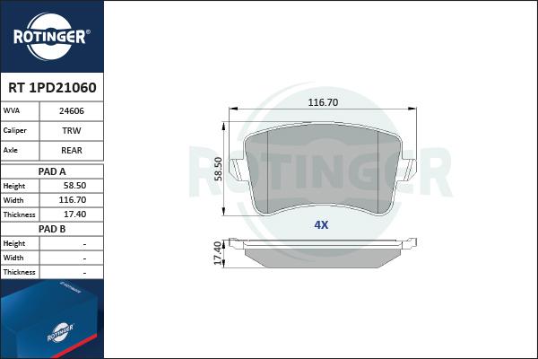 Rotinger RT 1PD21060 - Тормозные колодки, дисковые, комплект www.autospares.lv