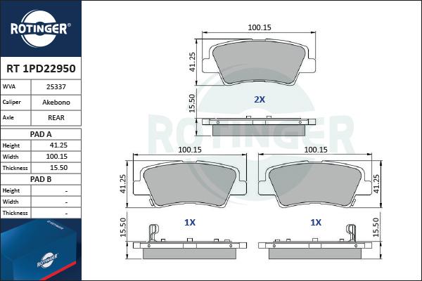 Rotinger RT 1PD22950 - Тормозные колодки, дисковые, комплект www.autospares.lv