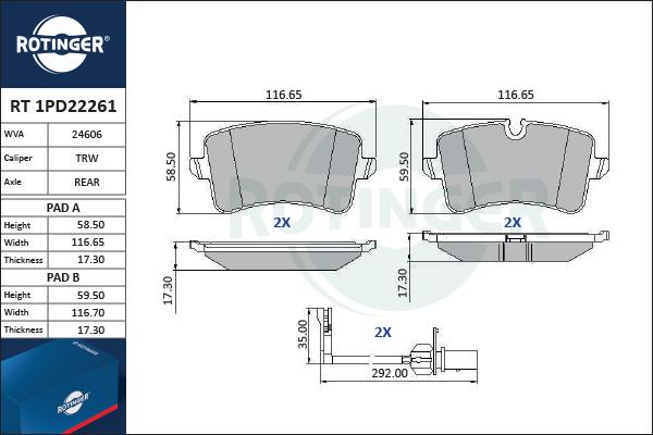 Rotinger RT 1PD22261 - Тормозные колодки, дисковые, комплект www.autospares.lv