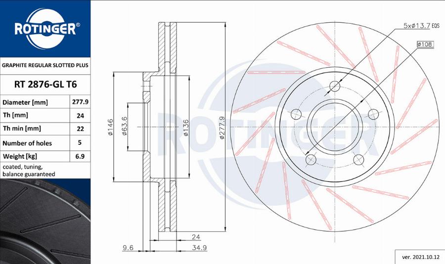 Rotinger RT 2876-GL T6 - Тормозной диск www.autospares.lv