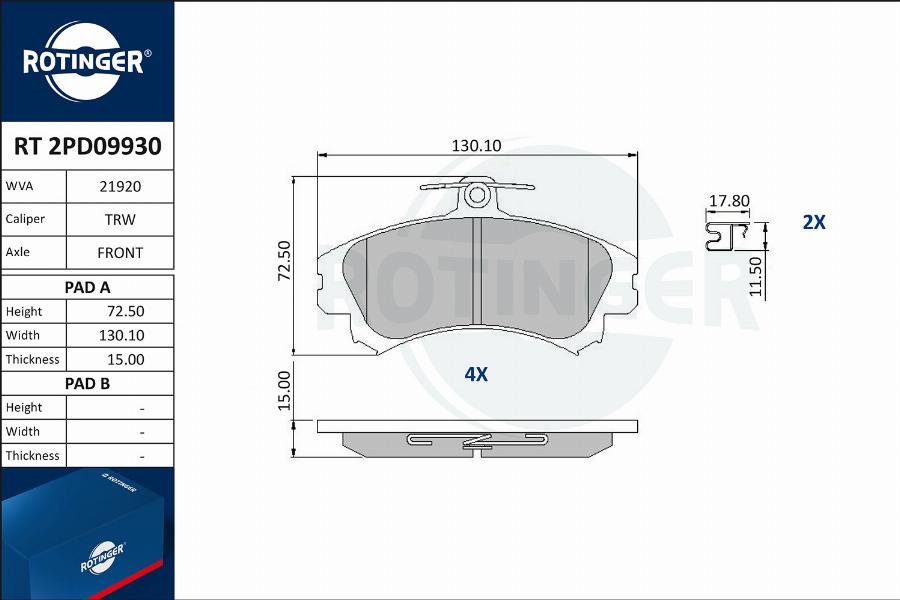 Rotinger RT 2PD09930 - Brake Pad Set, disc brake www.autospares.lv