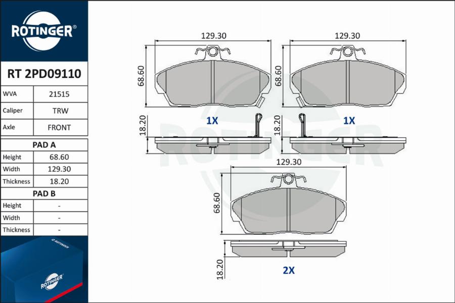 Rotinger RT 2PD09110 - Brake Pad Set, disc brake www.autospares.lv