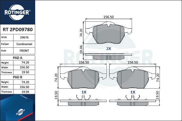 Rotinger RT 2PD09780 - Brake Pad Set, disc brake www.autospares.lv