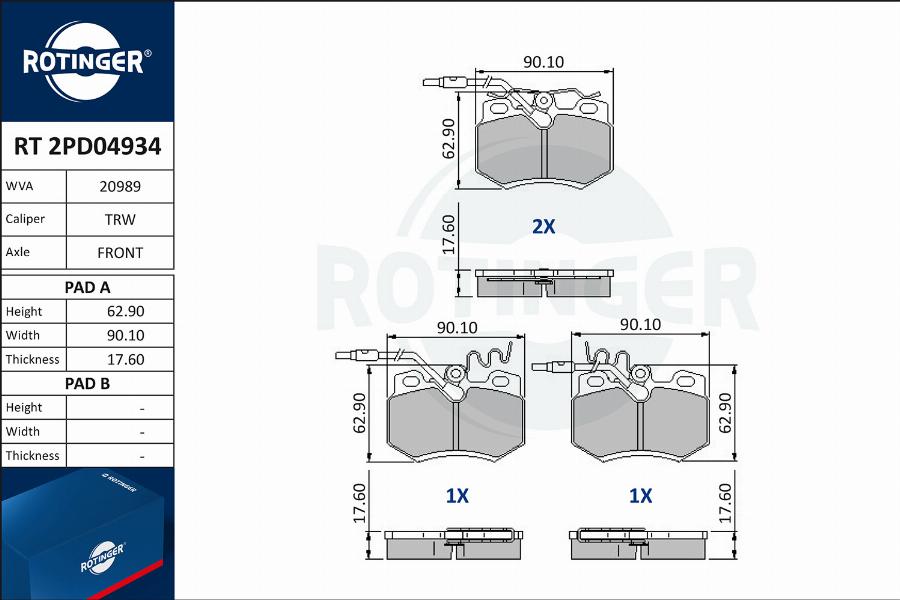 Rotinger RT 2PD04934 - Тормозные колодки, дисковые, комплект www.autospares.lv