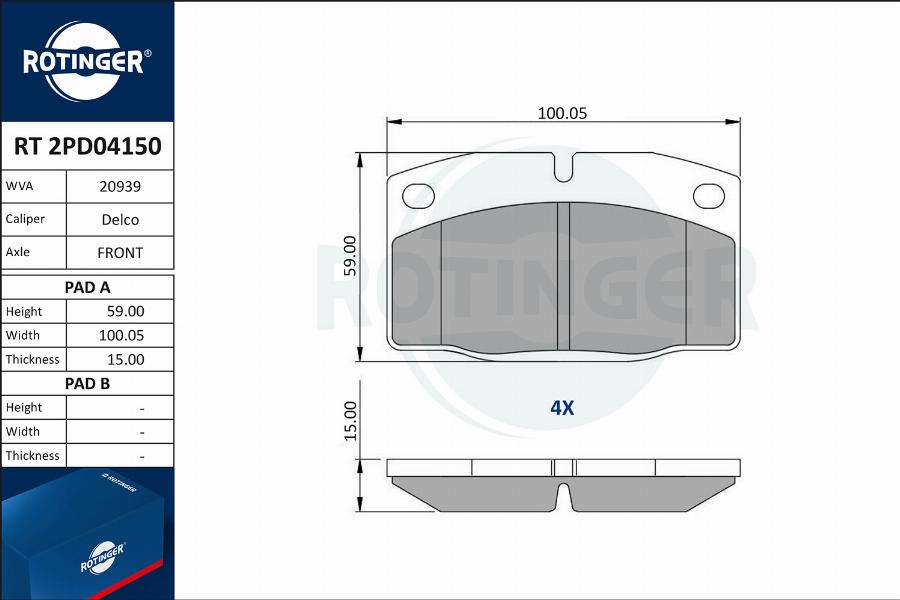 Rotinger RT 2PD04150 - Тормозные колодки, дисковые, комплект www.autospares.lv